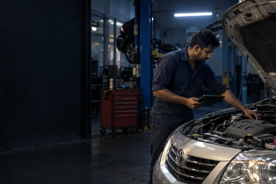 Mechanic checking a car engine with a tablet in a Sri Lankan garage